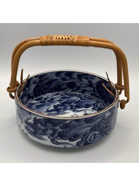 Bamboo handle Asian Oriental Dragon Blue/White 6" Porcelain Bowl Made in Japan